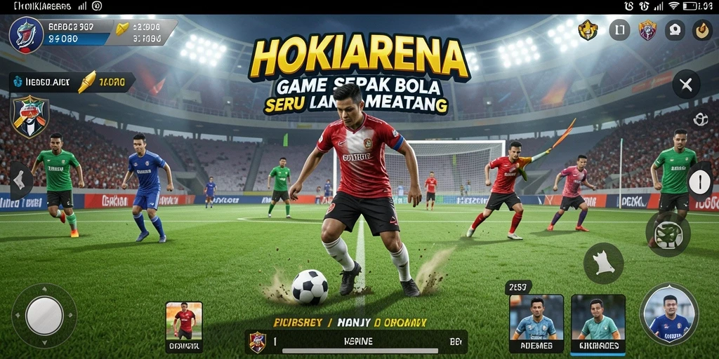 Gameplay seru HOKIARENA dengan grafik menawan dan aksi sepak bola.