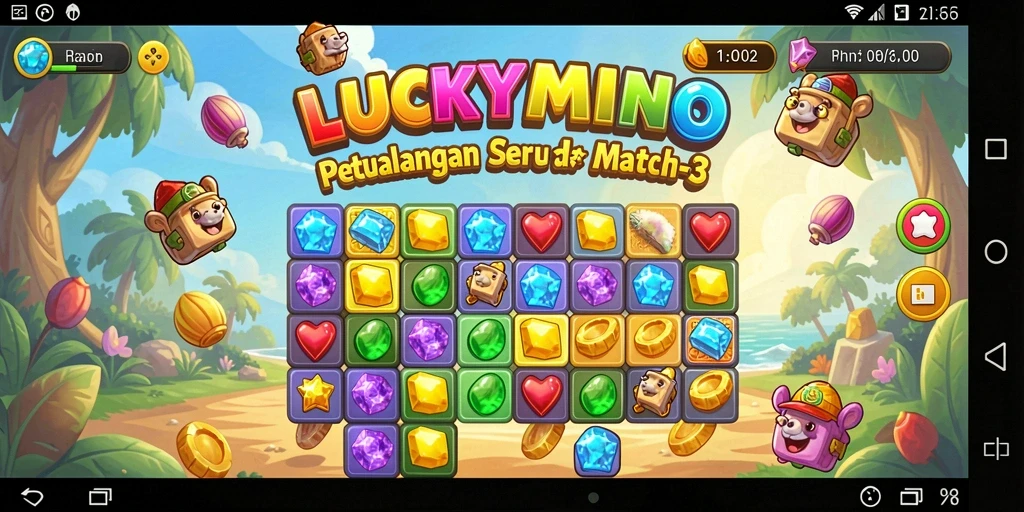 Tampilan gameplay LUCKYMINO yang penuh warna dan seru.