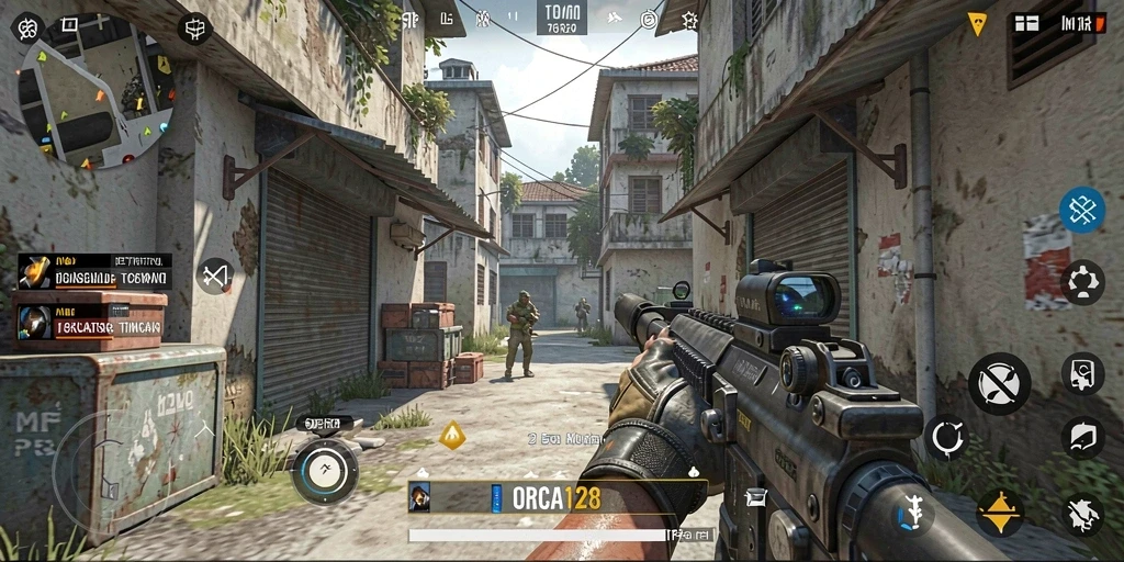 Screenshot gameplay ORCA128 menampilkan aksi pertempuran yang intens.