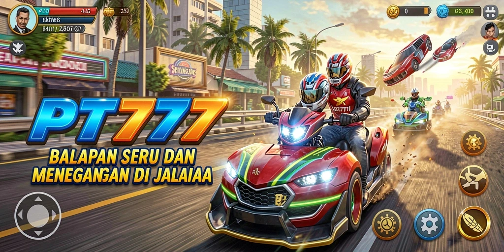 Screenshot PT777 menunjukkan aksi balapan yang mendebarkan di jalanan.