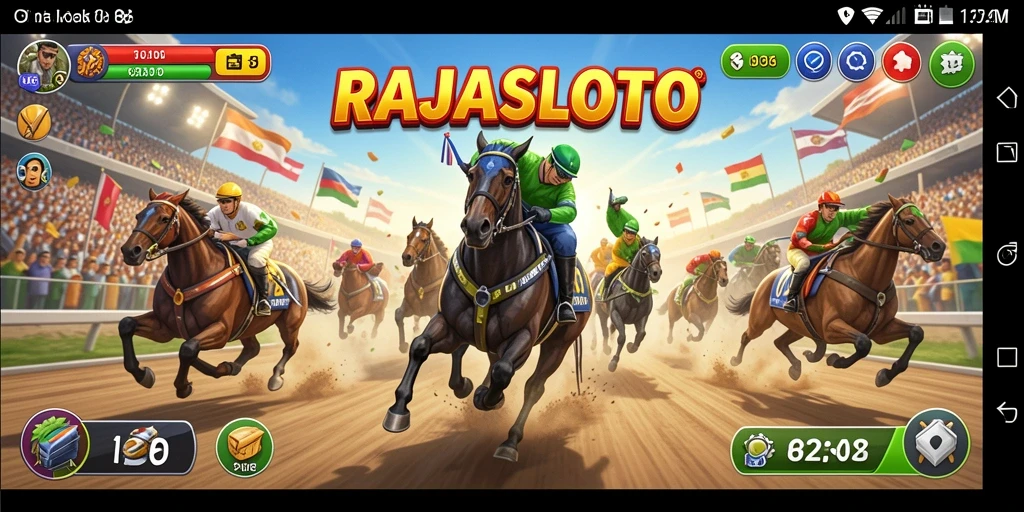 Screenshot RAJASLOTO menampilkan aksi balap yang mendebarkan dan kendaraan keren.