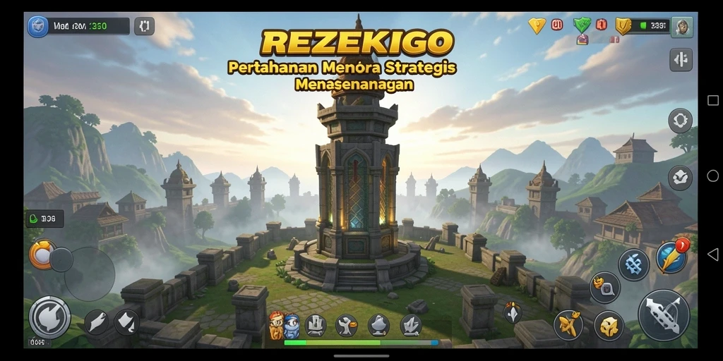 Tangkapan layar utama REZEKIGO menampilkan aksi pertahanan menara yang seru.