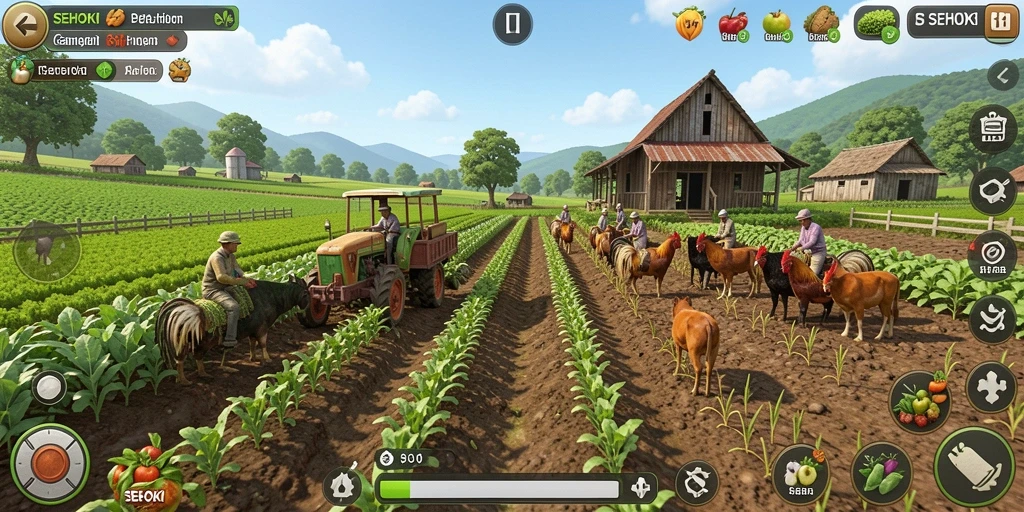 Screenshot utama SEHOKI menampilkan kegiatan bertani yang seru.
